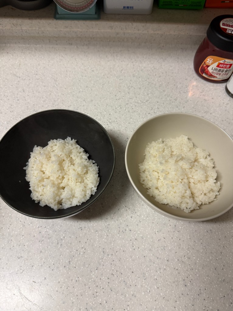 Two bowls of cooked rice on a countertop, one black and one white.