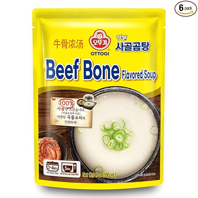 오뚜기 쇠고기 뼈 육수 패키지, 500ml 용량, 조리 방법과 제안이 포함된 디자인.