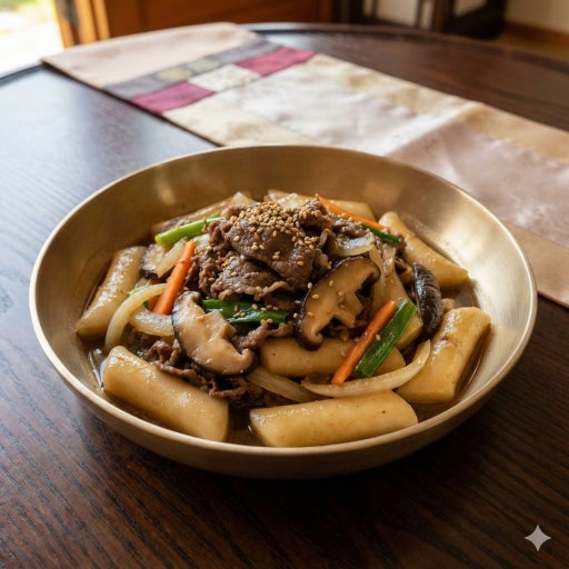 A beautifully plated Royal Court Tteokbokki, a non-spicy soy sauce based rice cake dish.