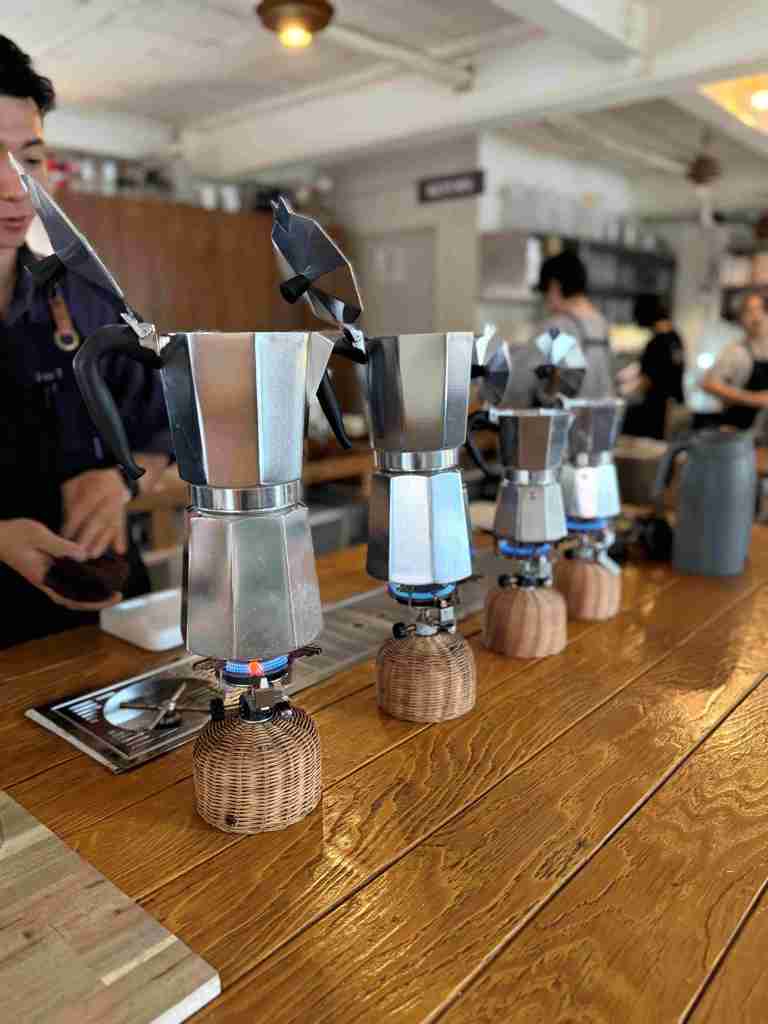 The high-end espresso machine and tools at the 5 to 7 coffee bar.