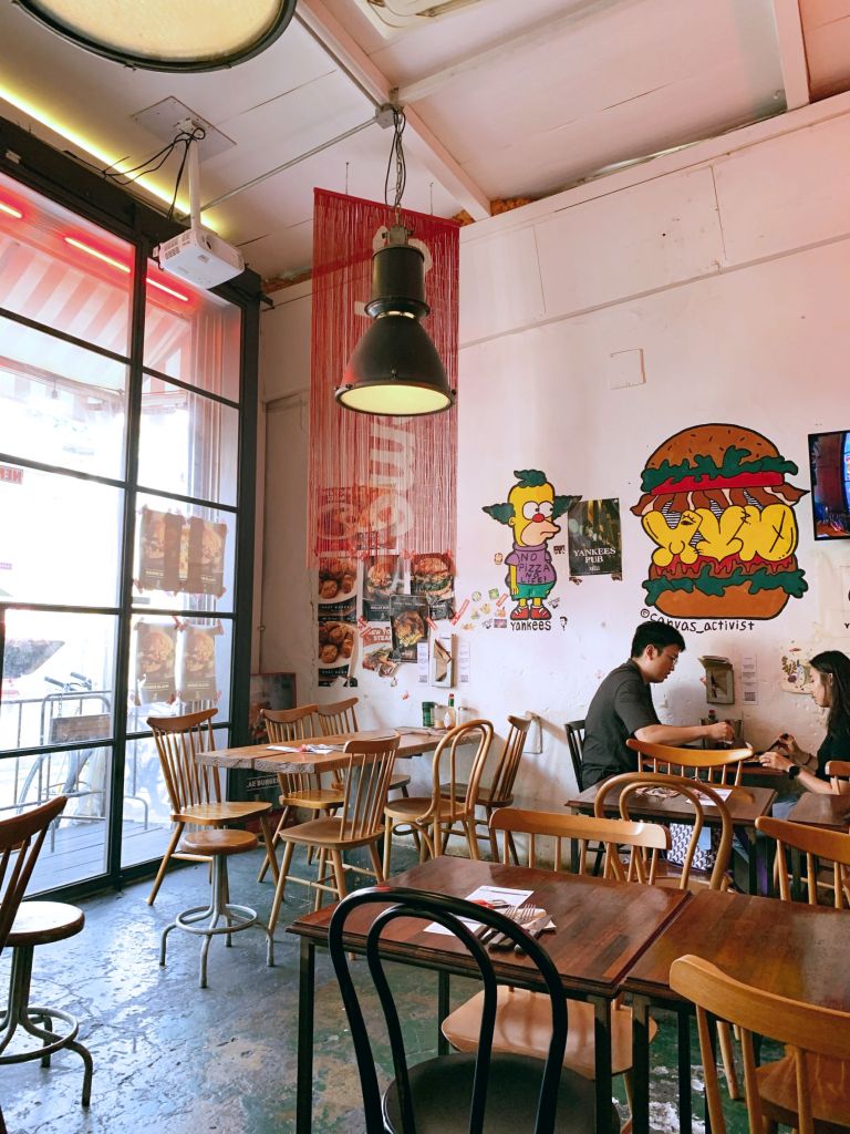 Interior of Yankee Burger in Mullae-dong, showcasing a trendy and rustic atmosphere perfect for dining.