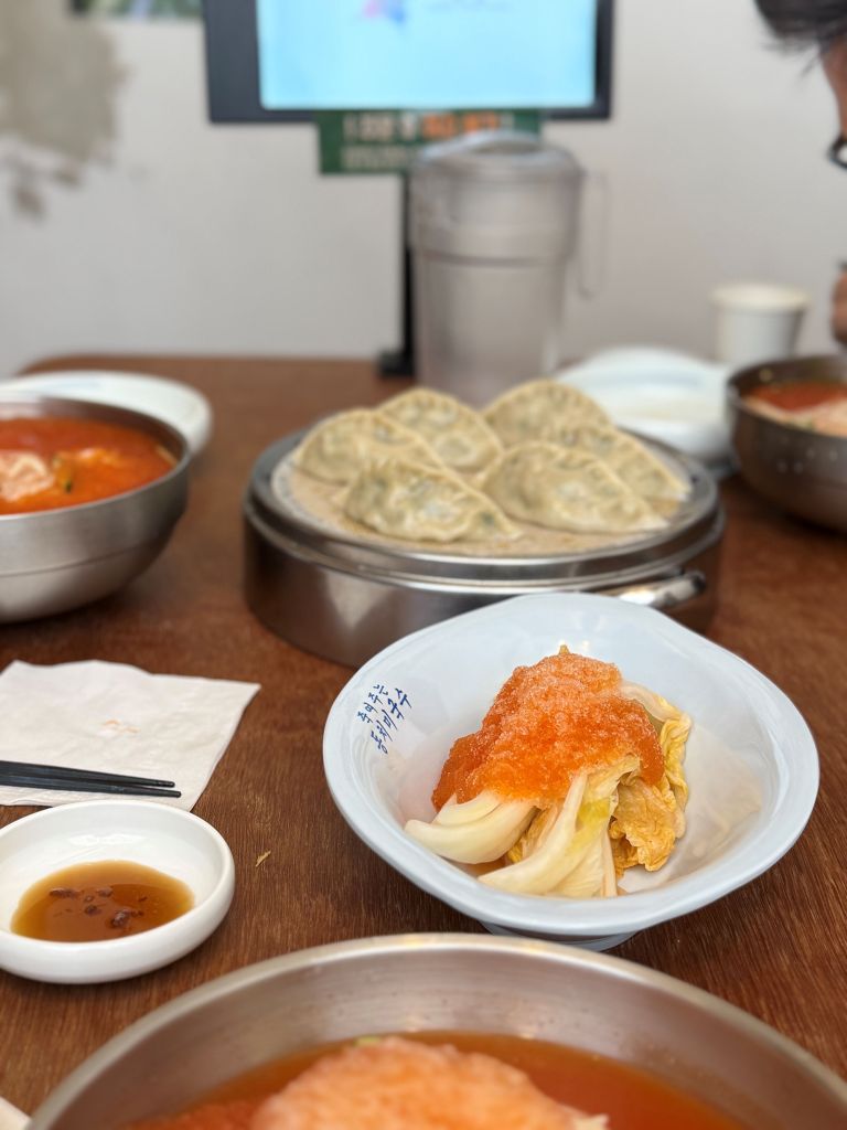 The ultimate Korean summer meal combo featuring a chilling bowl of cold radish noodles alongside a basket of hot steamed dumplings.