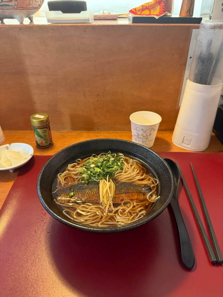 A premium, top-down view of chilled gourmet nishin soba featuring a glossy sweet-soy braised herring on cold buckwheat noodles.