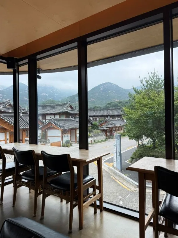 A warm lifestyle snapshot capturing visitors relaxing with tea while gazing at the serene Hanok village scenery.